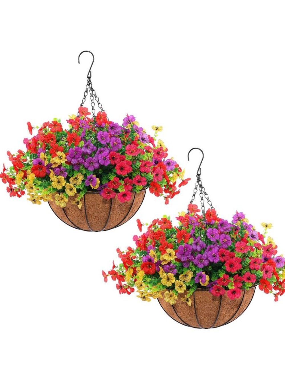 2 Set Artificial Hanging Planters with 24 Colorful Flowers for Outdoor Decor